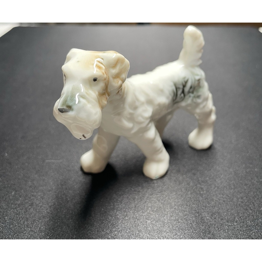 Vintage 1950s Wirehair Fox Terrier Porcelain Dog Figurine. Marked Made in Japan.